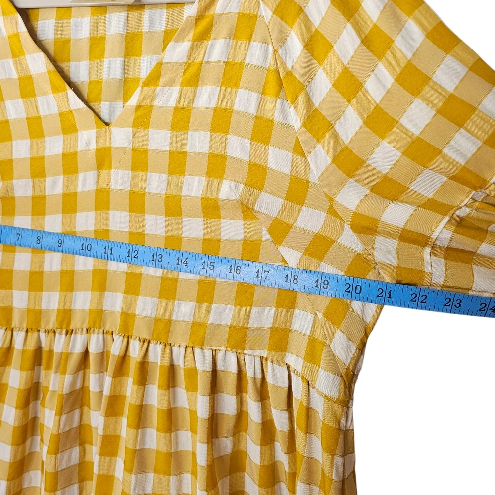 Maeve April Babydoll Gingham Blouse Gold White Button Puff Sleeve V-Neck M